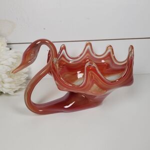 Vintage Art Glass Swan Planter Bowl, Red Orange Slag Glass Swan Dish, MCM